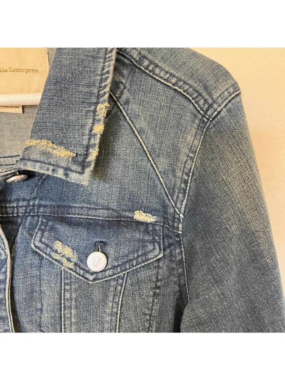 Pilcro and the Letterpress Distressed Denim Jacket Anthropologie Women’s Large - Picture 6 of 13